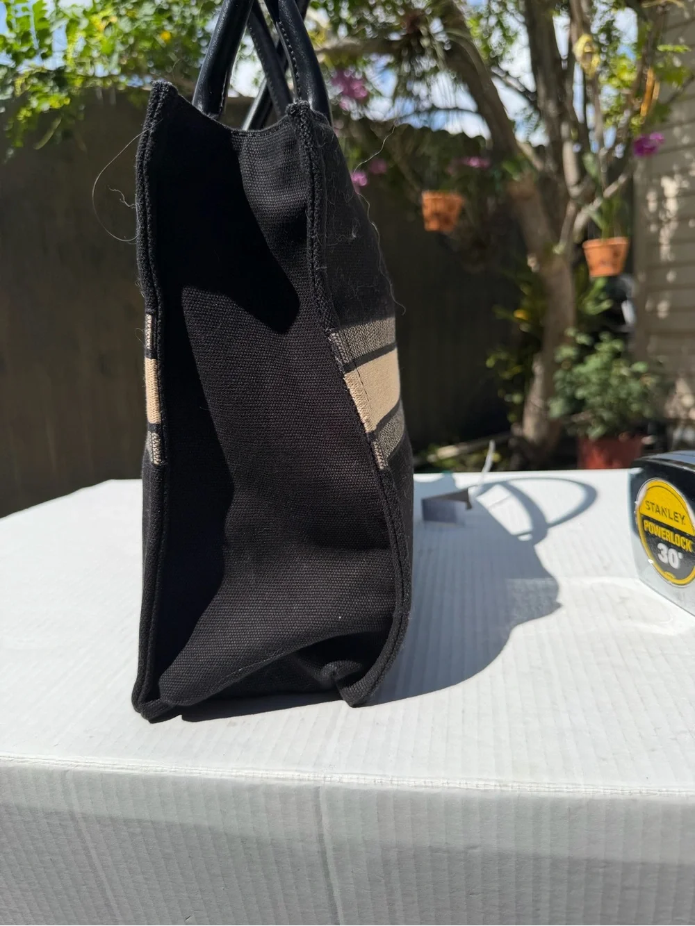 St Barts black canvas tote bag beige stripe resort beach handbag